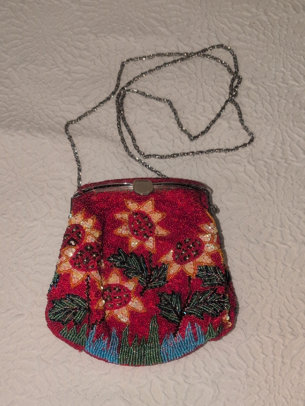 Vintage Red Sunflower Beaded Floral Crossbody Bag